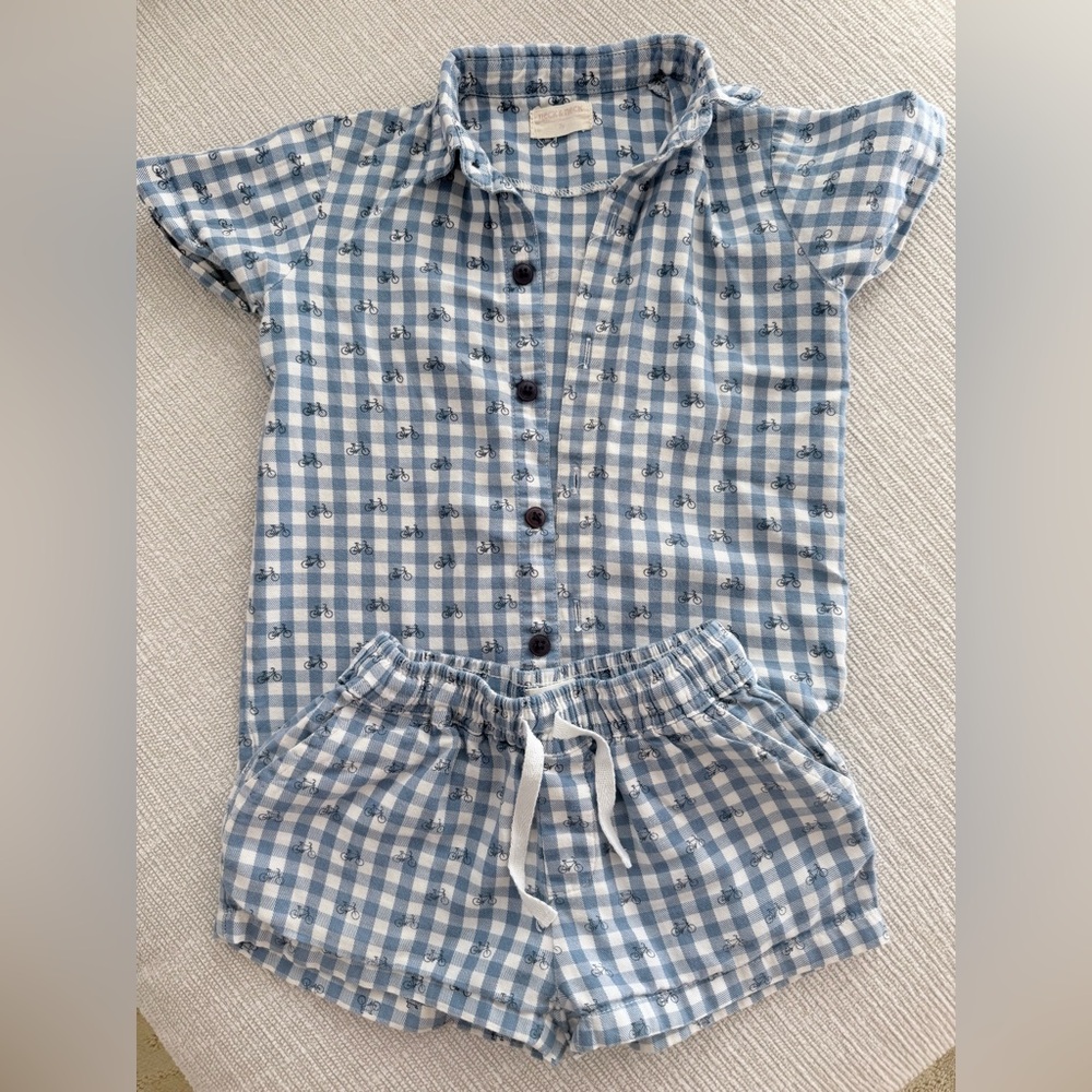 Neck and Neck Blue Gingham Shirt with Bicycle pattern and matching short set 2T